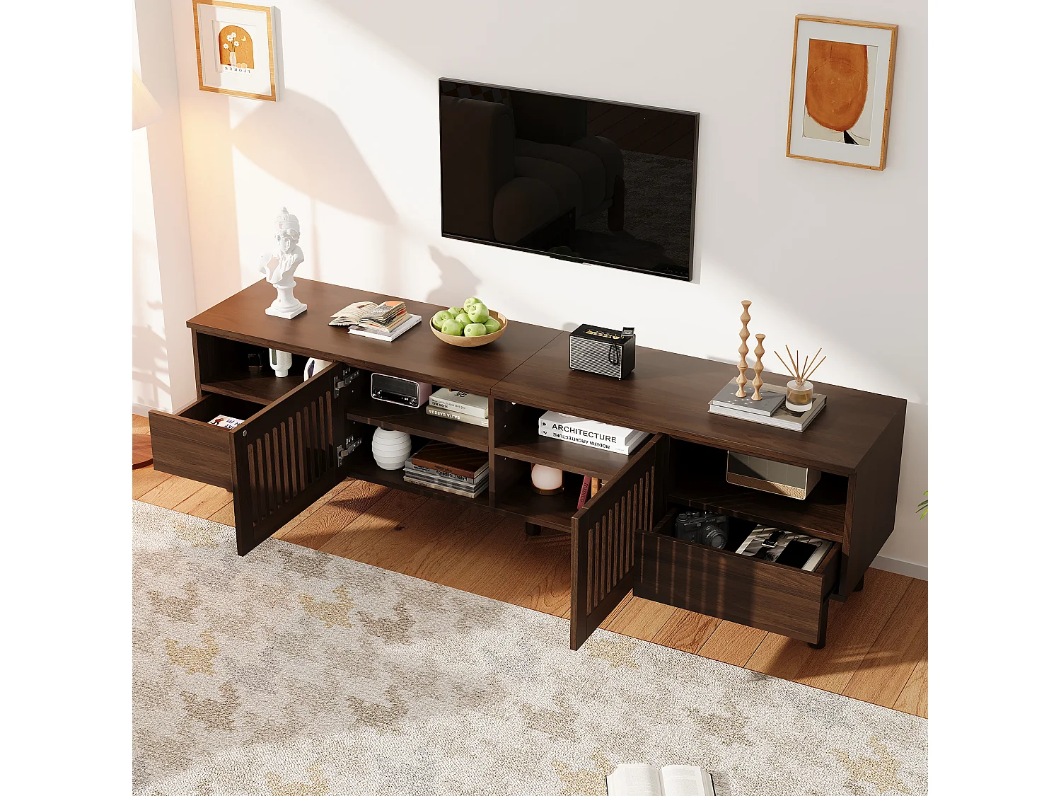 Meuble TV moderne 180x40x51 cm - Avec 2 portes grillagées, 2 tiroirs et d'étagères ouvertes - Pieds en bois massif - Marron