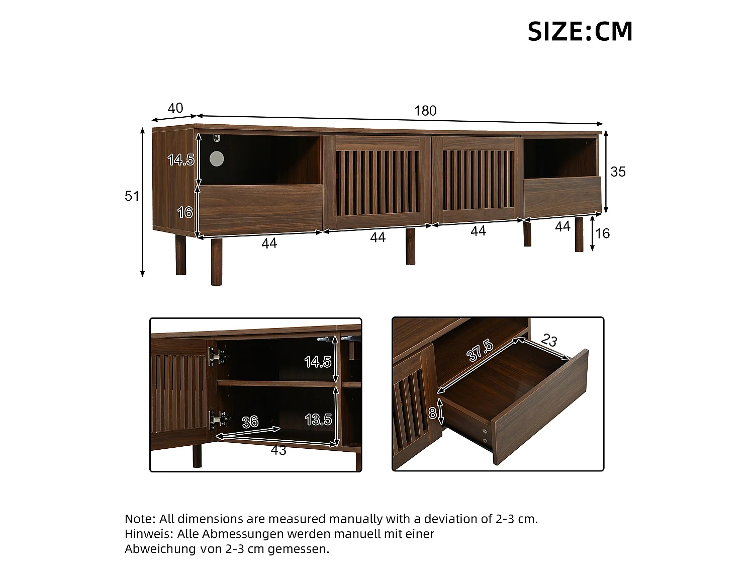 Meuble TV moderne 180x40x51 cm - Avec 2 portes grillagées, 2 tiroirs et d'étagères ouvertes - Pieds en bois massif - Marron