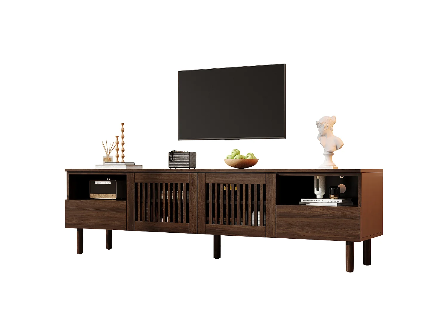 Meuble TV moderne 180x40x51 cm - Avec 2 portes grillagées, 2 tiroirs et d'étagères ouvertes - Pieds en bois massif - Marron