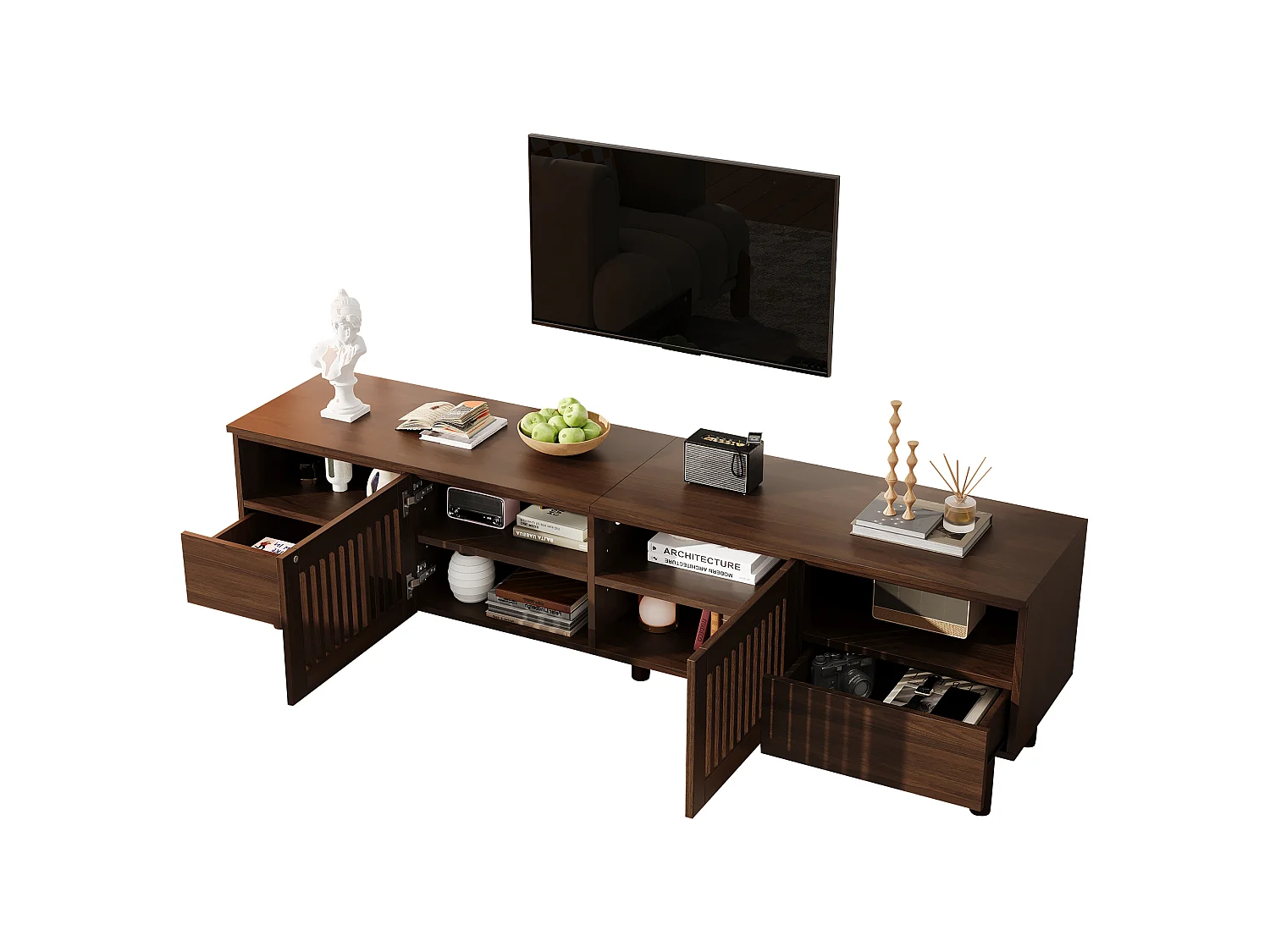 Meuble TV moderne 180x40x51 cm - Avec 2 portes grillagées, 2 tiroirs et d'étagères ouvertes - Pieds en bois massif - Marron