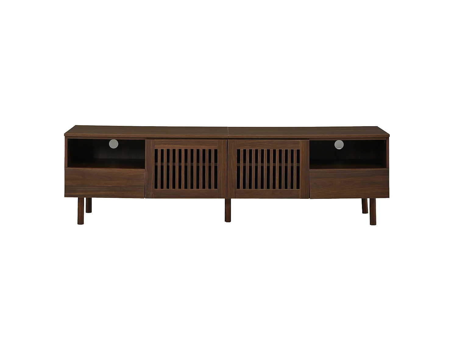 Meuble TV moderne 180x40x51 cm - Avec 2 portes grillagées, 2 tiroirs et d'étagères ouvertes - Pieds en bois massif - Marron