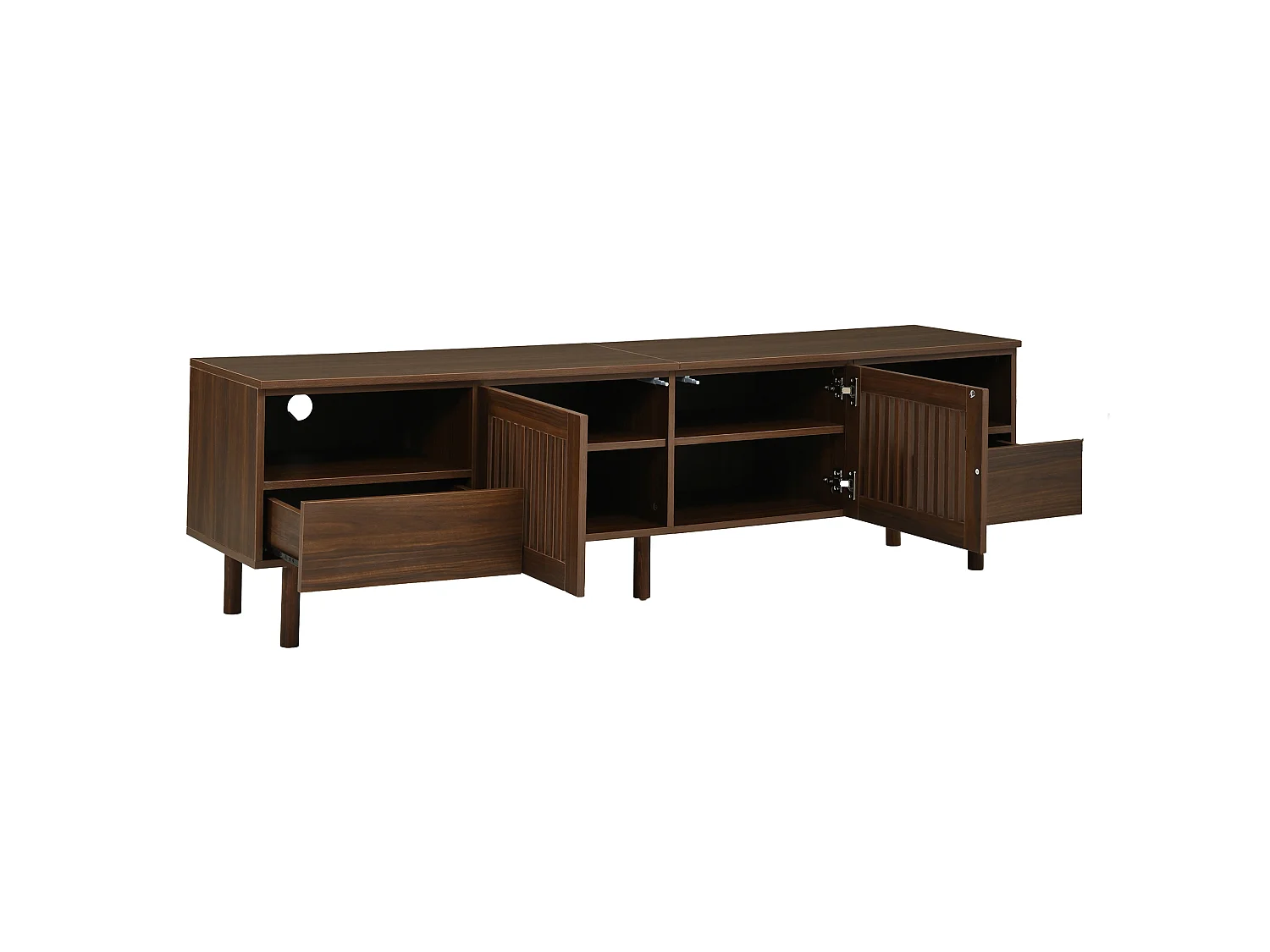 Meuble TV moderne 180x40x51 cm - Avec 2 portes grillagées, 2 tiroirs et d'étagères ouvertes - Pieds en bois massif - Marron