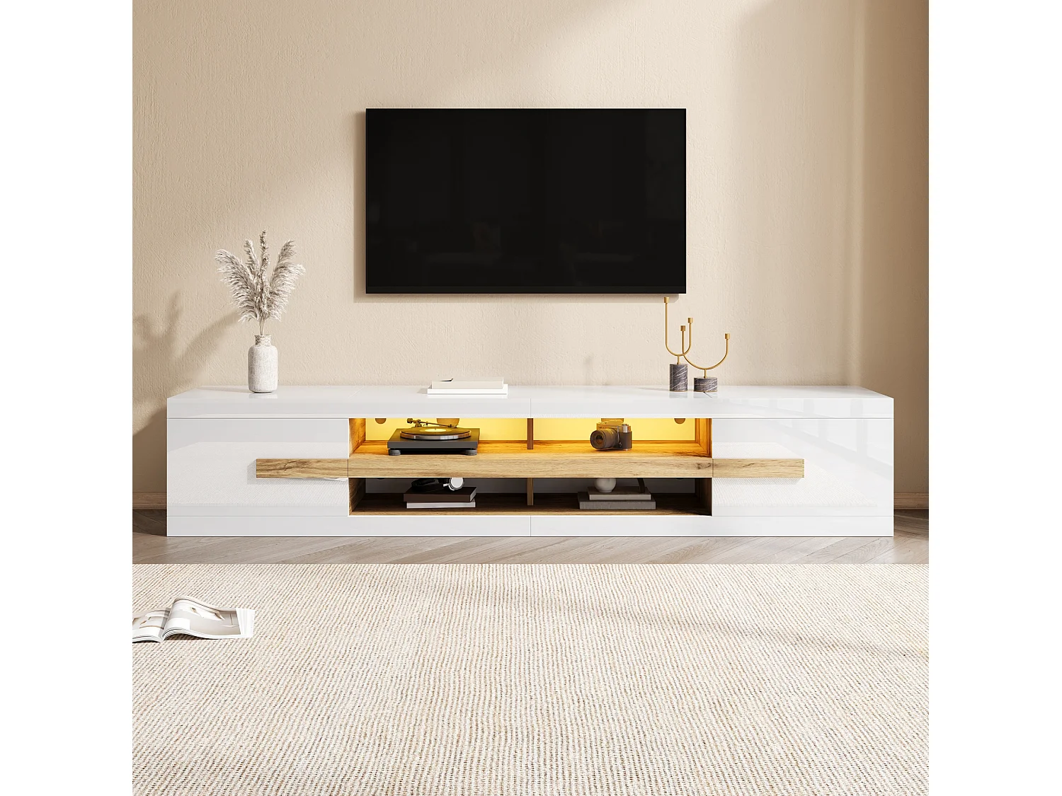 TV cabinet 200 x 40 x 38 cm with LED lighting - 2 doors and open compartments - Particle board - White