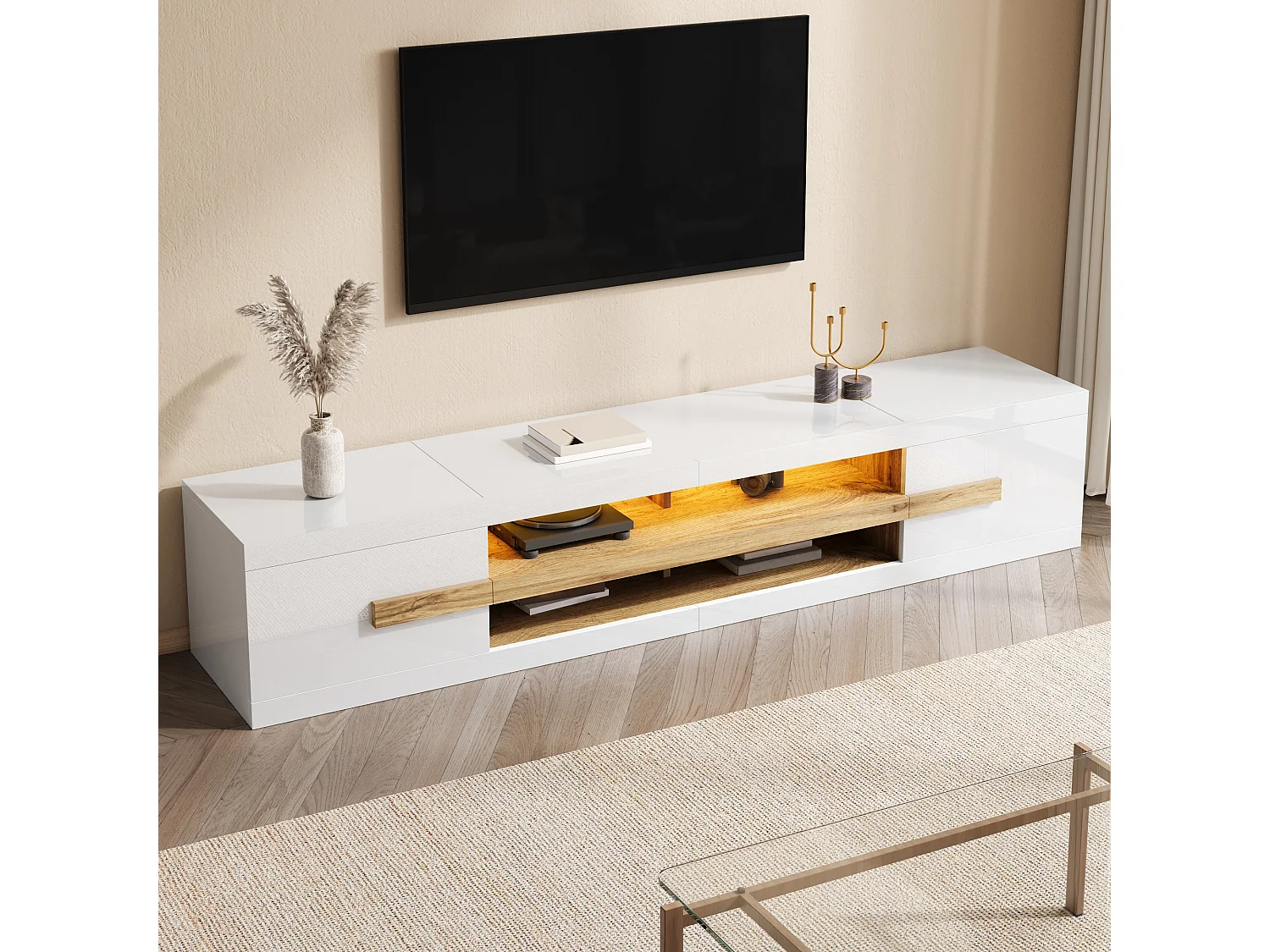 TV cabinet 200 x 40 x 38 cm with LED lighting - 2 doors and open compartments - Particle board - White
