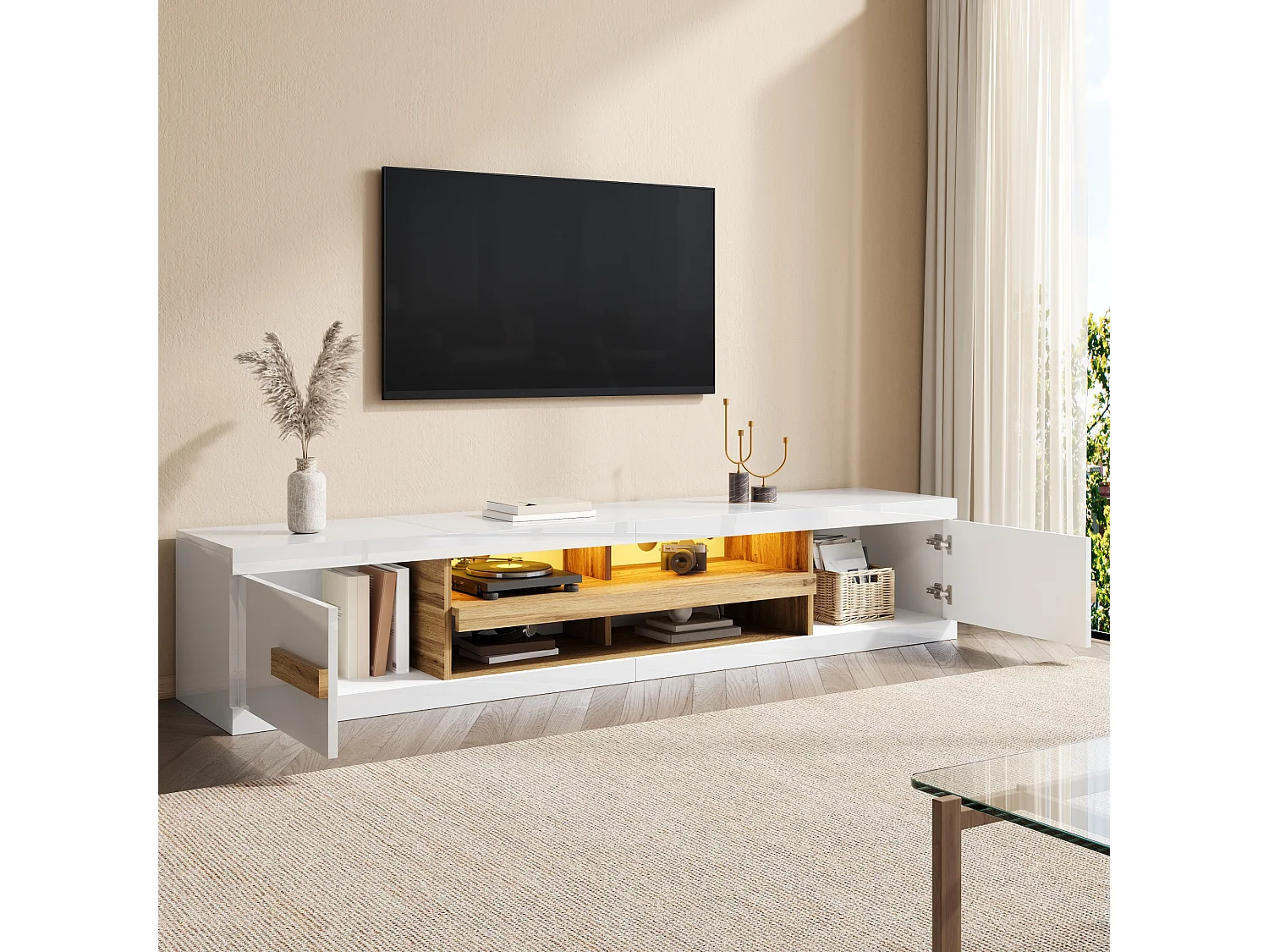 TV cabinet 200 x 40 x 38 cm with LED lighting - 2 doors and open compartments - Particle board - White