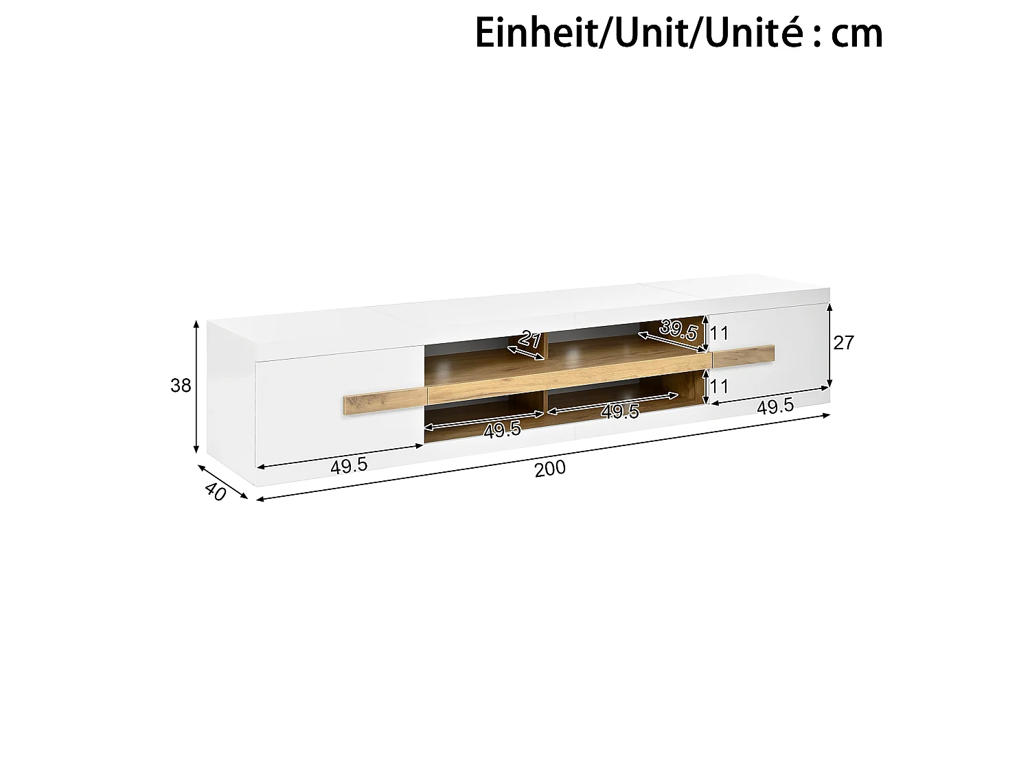 TV cabinet 200 x 40 x 38 cm with LED lighting - 2 doors and open compartments - Particle board - White