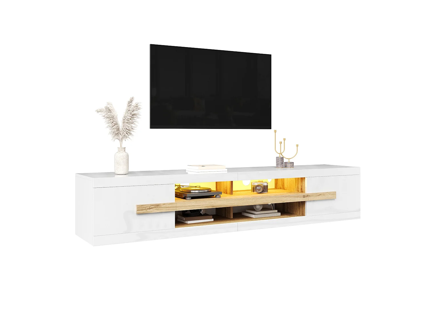 TV cabinet 200 x 40 x 38 cm with LED lighting - 2 doors and open compartments - Particle board - White