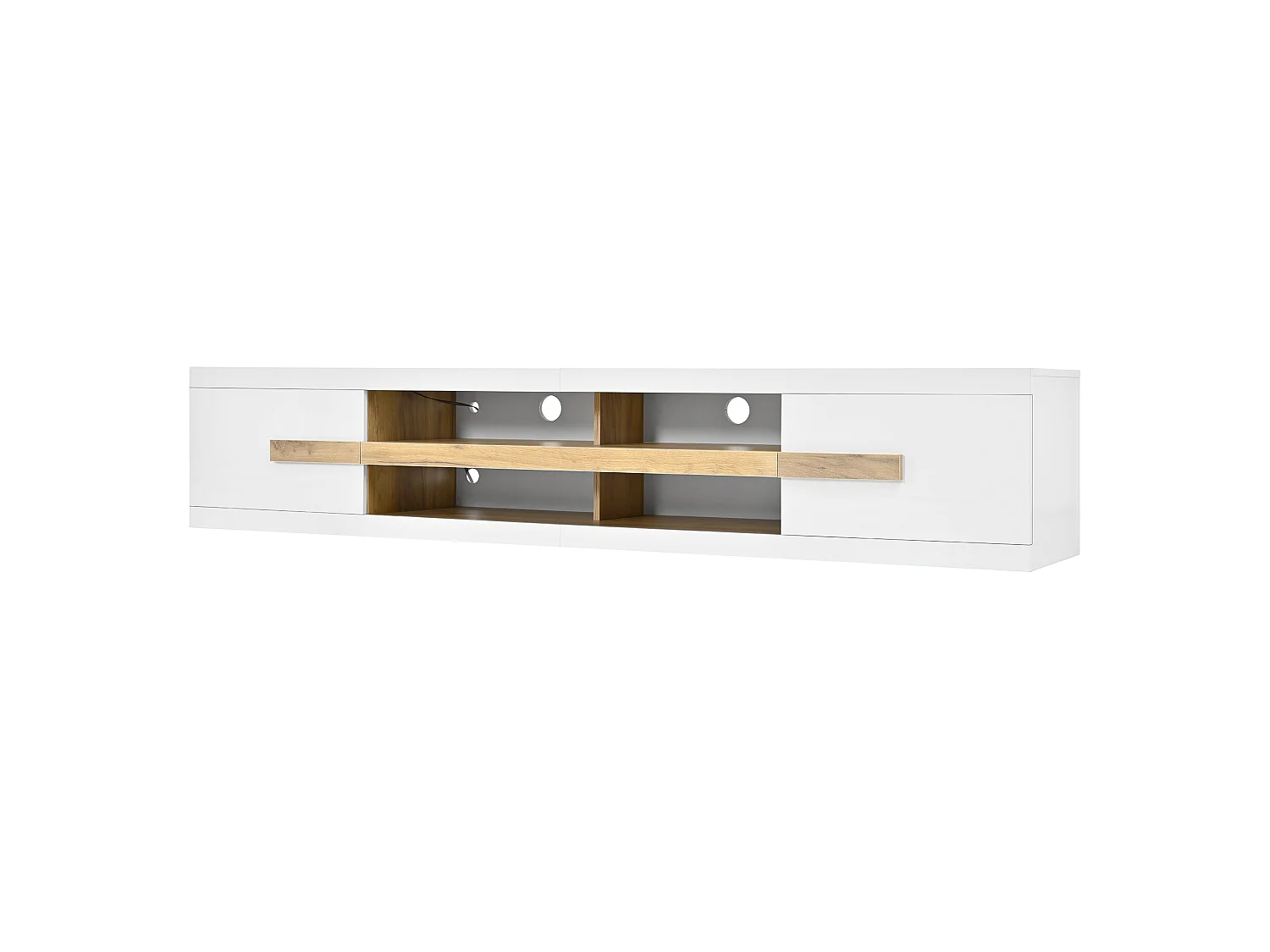 TV cabinet 200 x 40 x 38 cm with LED lighting - 2 doors and open compartments - Particle board - White