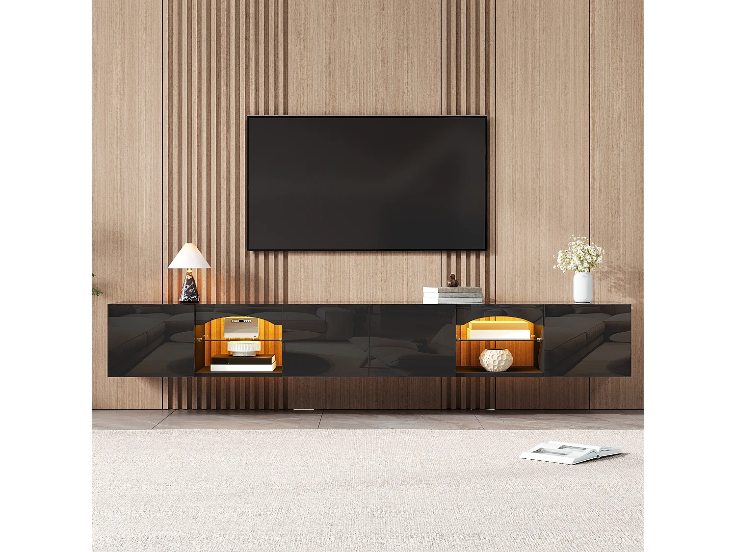Modern wall-mounted TV cabinet 200x30x28 cm - 4 doors, 2 open niches, LED and glass shelves - Glossy finish - Black