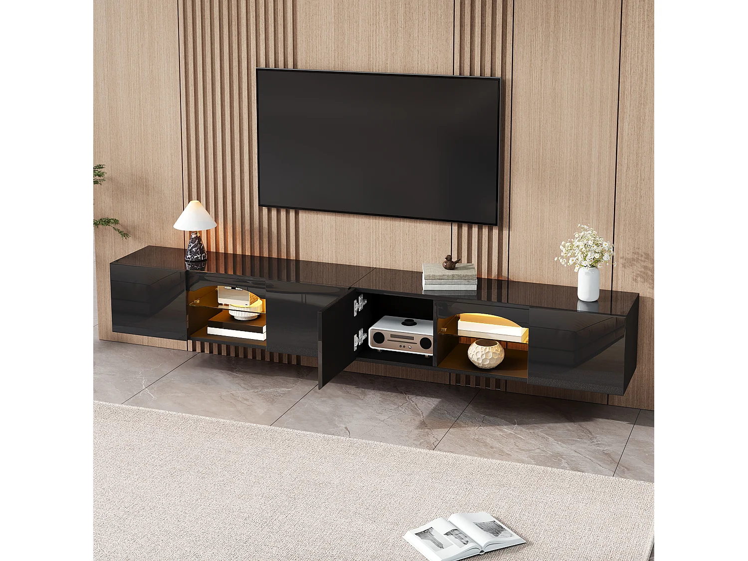 Modern wall-mounted TV cabinet 200x30x28 cm - 4 doors, 2 open niches, LED and glass shelves - Glossy finish - Black