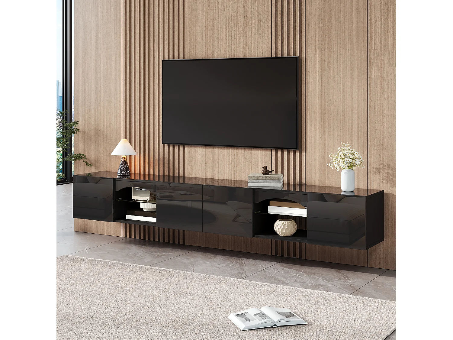 Modern wall-mounted TV cabinet 200x30x28 cm - 4 doors, 2 open niches, LED and glass shelves - Glossy finish - Black