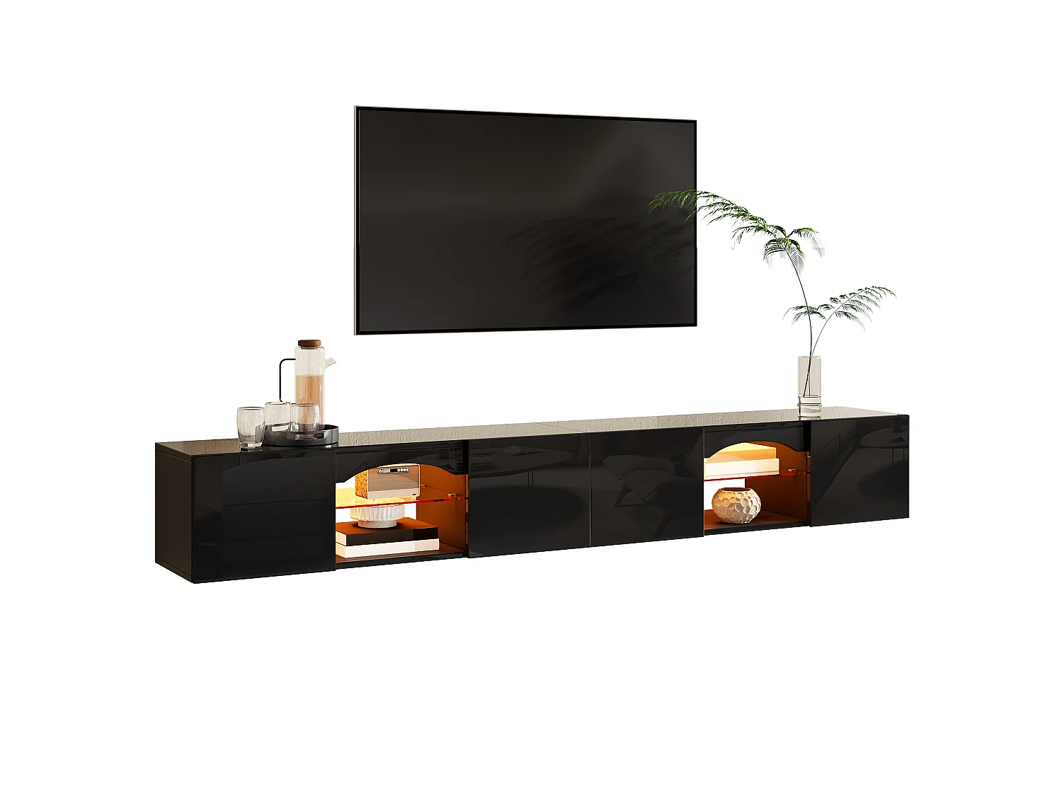 Modern wall-mounted TV cabinet 200x30x28 cm - 4 doors, 2 open niches, LED and glass shelves - Glossy finish - Black