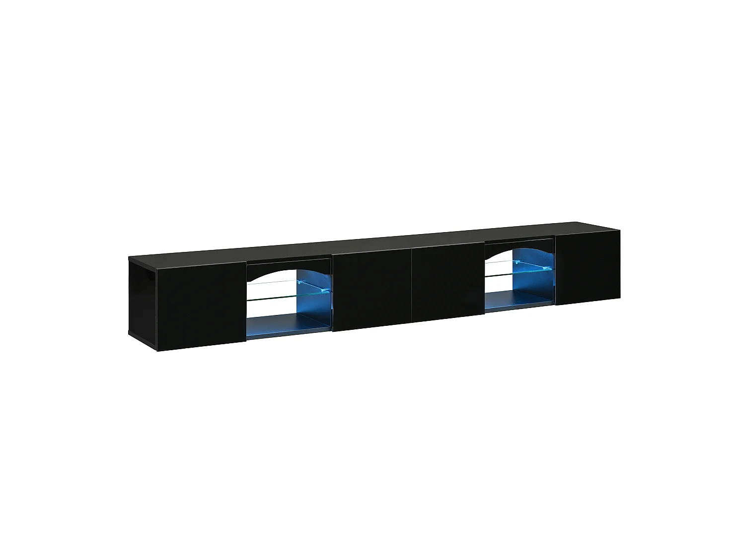 Modern wall-mounted TV cabinet 200x30x28 cm - 4 doors, 2 open niches, LED and glass shelves - Glossy finish - Black