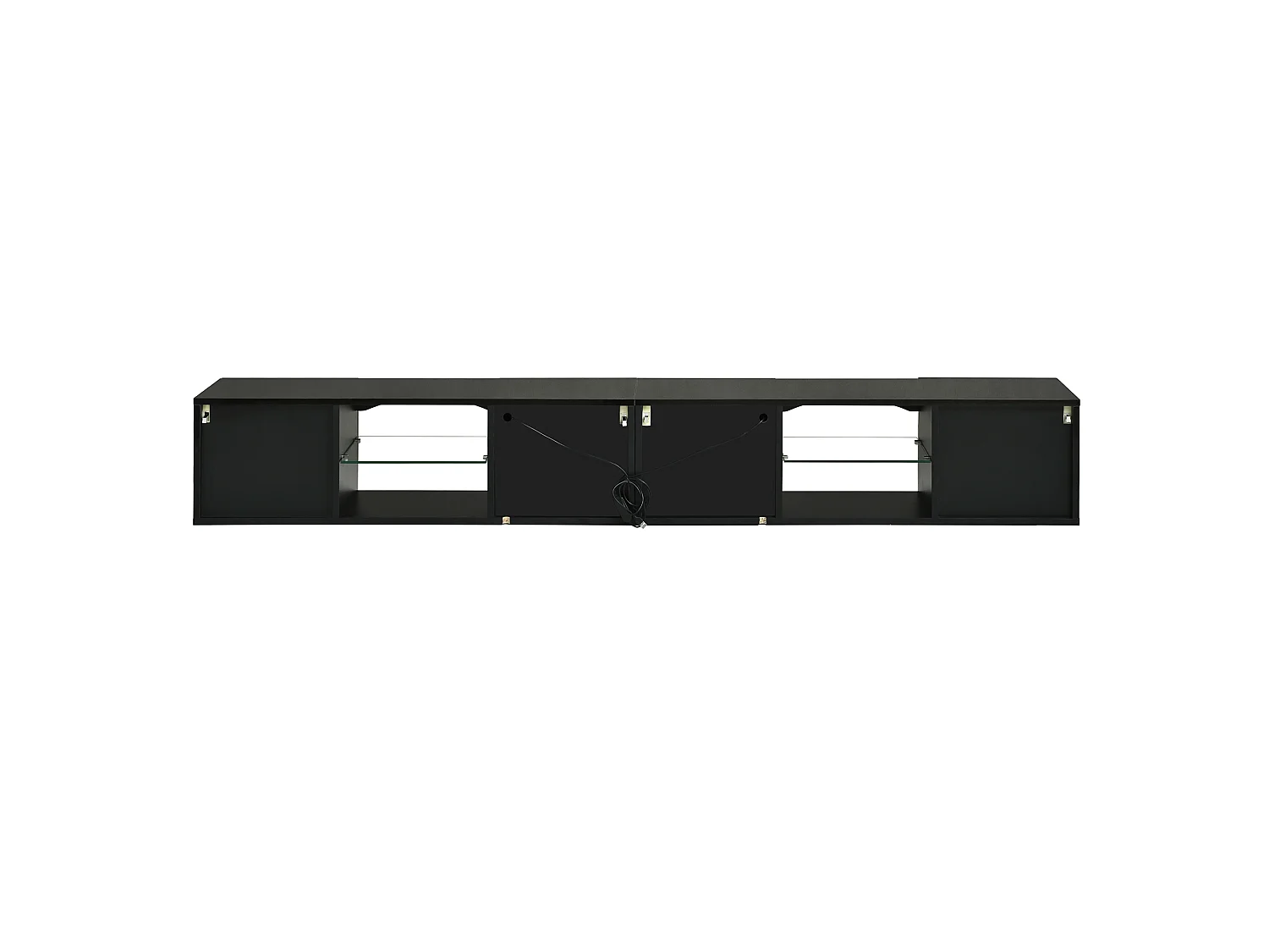 Modern wall-mounted TV cabinet 200x30x28 cm - 4 doors, 2 open niches, LED and glass shelves - Glossy finish - Black