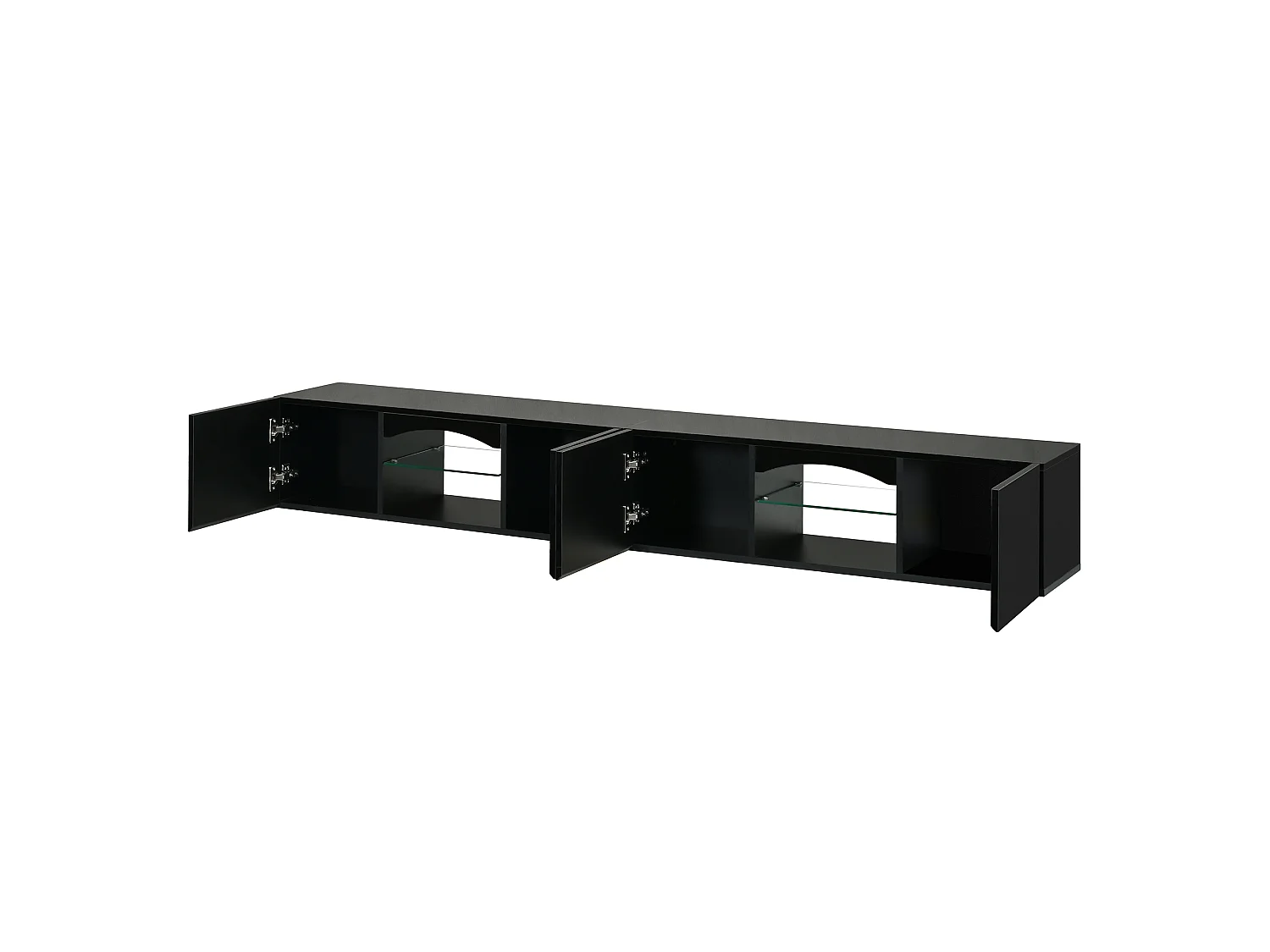 Modern wall-mounted TV cabinet 200x30x28 cm - 4 doors, 2 open niches, LED and glass shelves - Glossy finish - Black