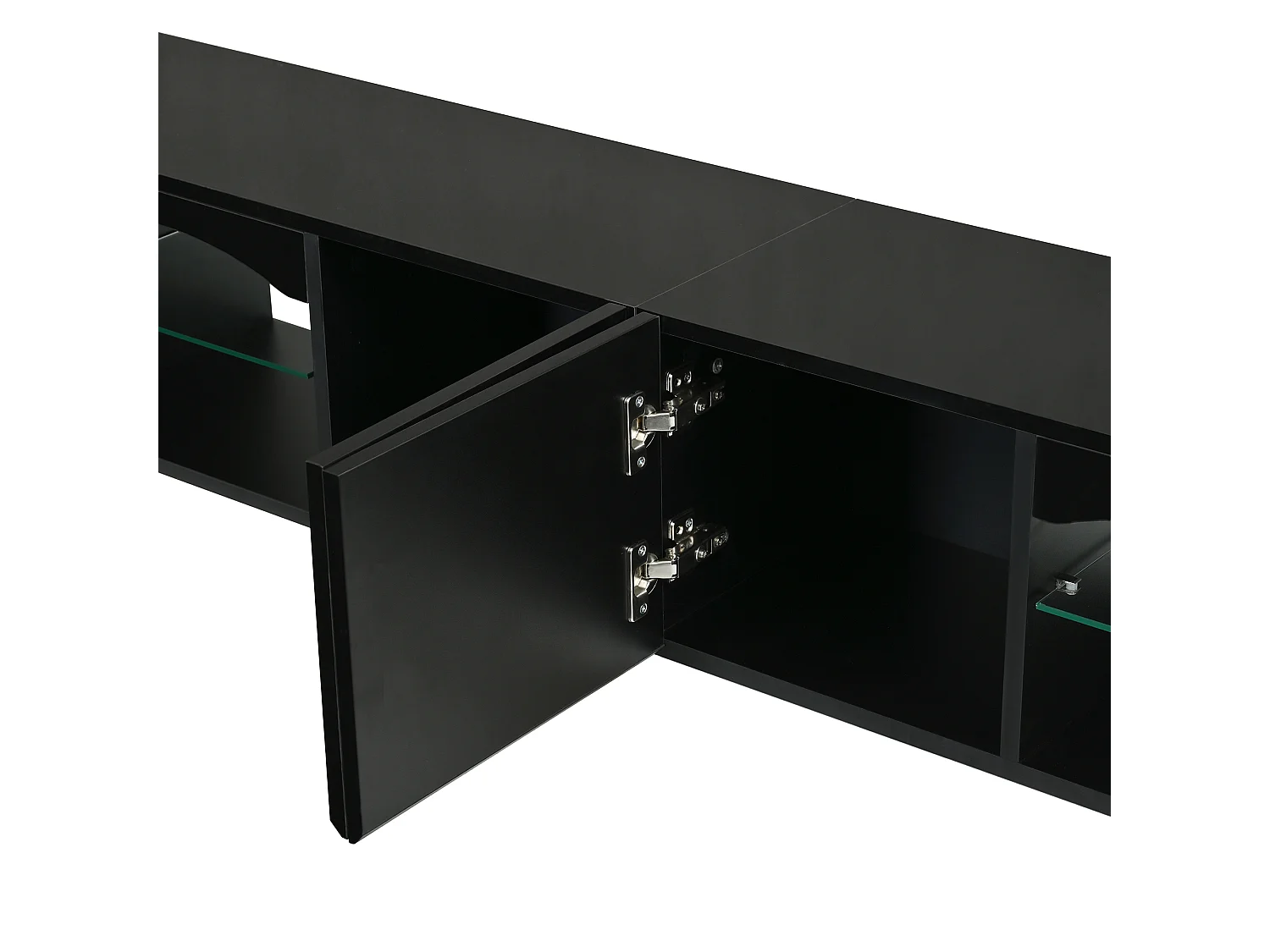 Modern wall-mounted TV cabinet 200x30x28 cm - 4 doors, 2 open niches, LED and glass shelves - Glossy finish - Black