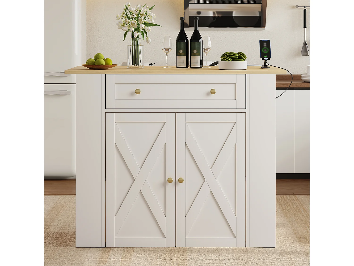 Ilha central de cozinha - mesa de jantar dobrável - com 2 portas e 1 gaveta - com tomada de corrente - Branco