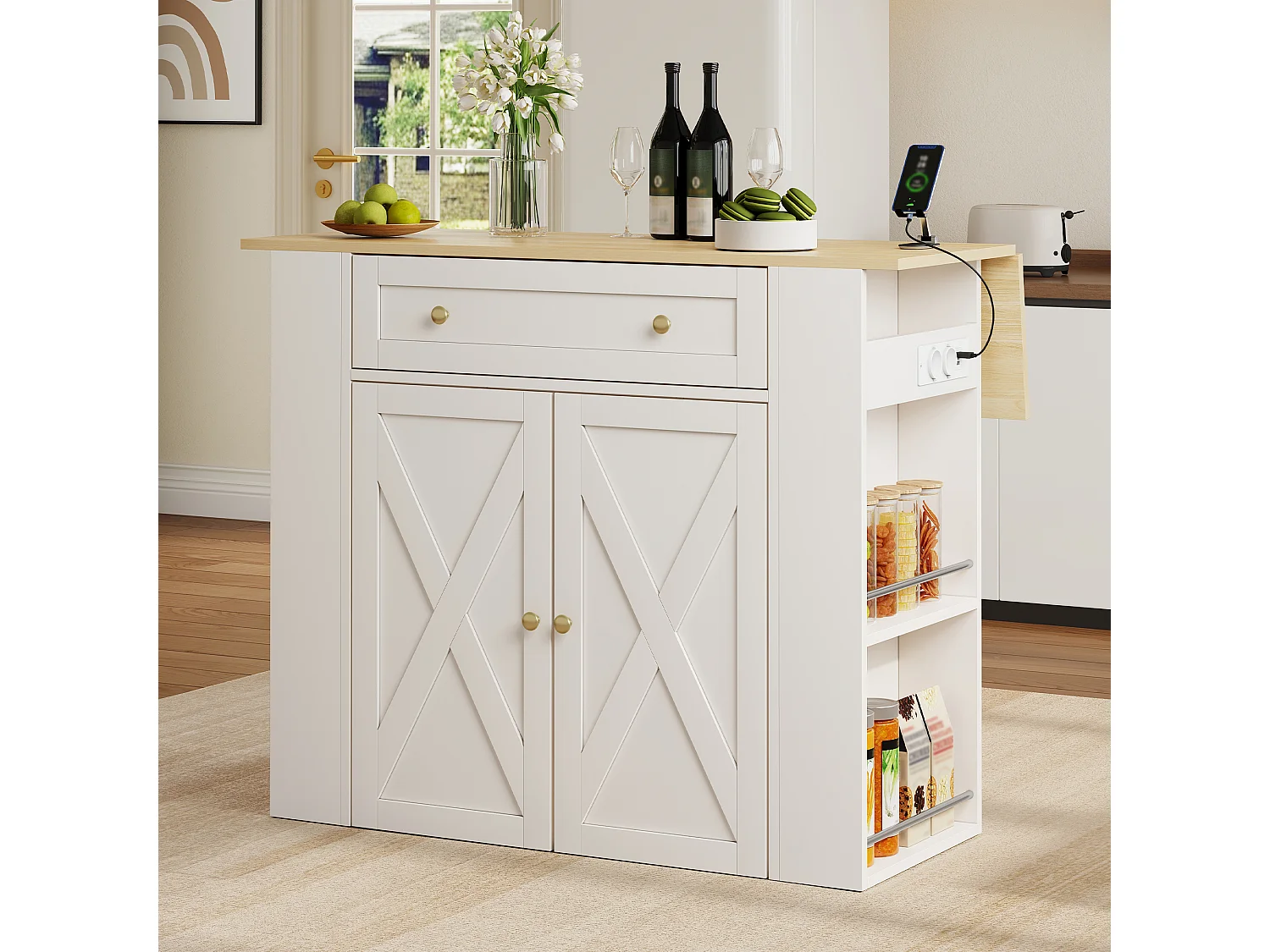 Ilha central de cozinha - mesa de jantar dobrável - com 2 portas e 1 gaveta - com tomada de corrente - Branco