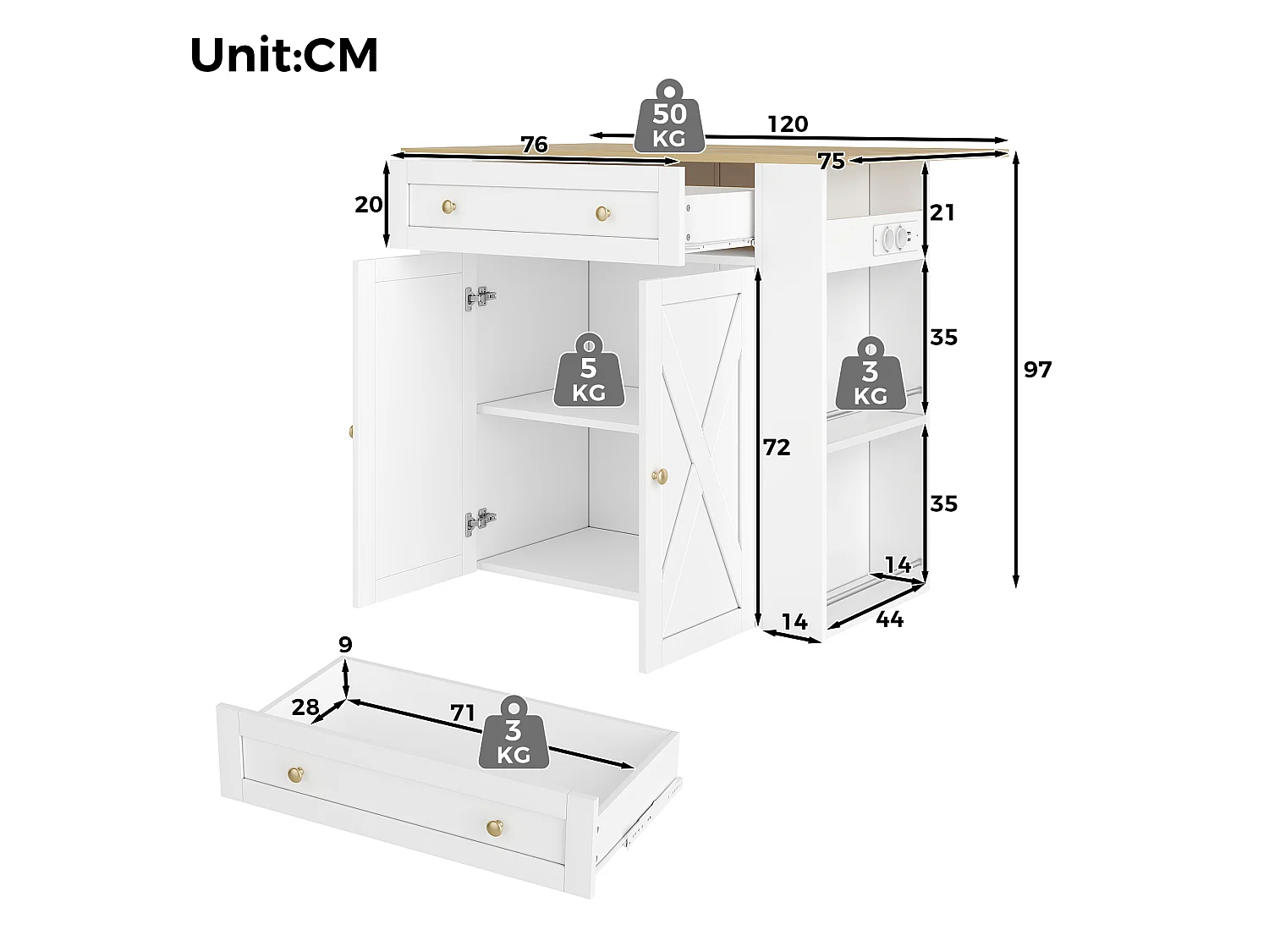 Ilha central de cozinha - mesa de jantar dobrável - com 2 portas e 1 gaveta - com tomada de corrente - Branco