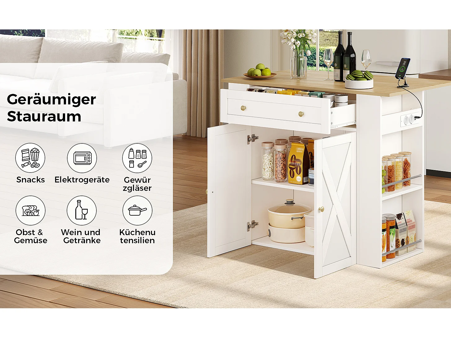 Ilha central de cozinha - mesa de jantar dobrável - com 2 portas e 1 gaveta - com tomada de corrente - Branco