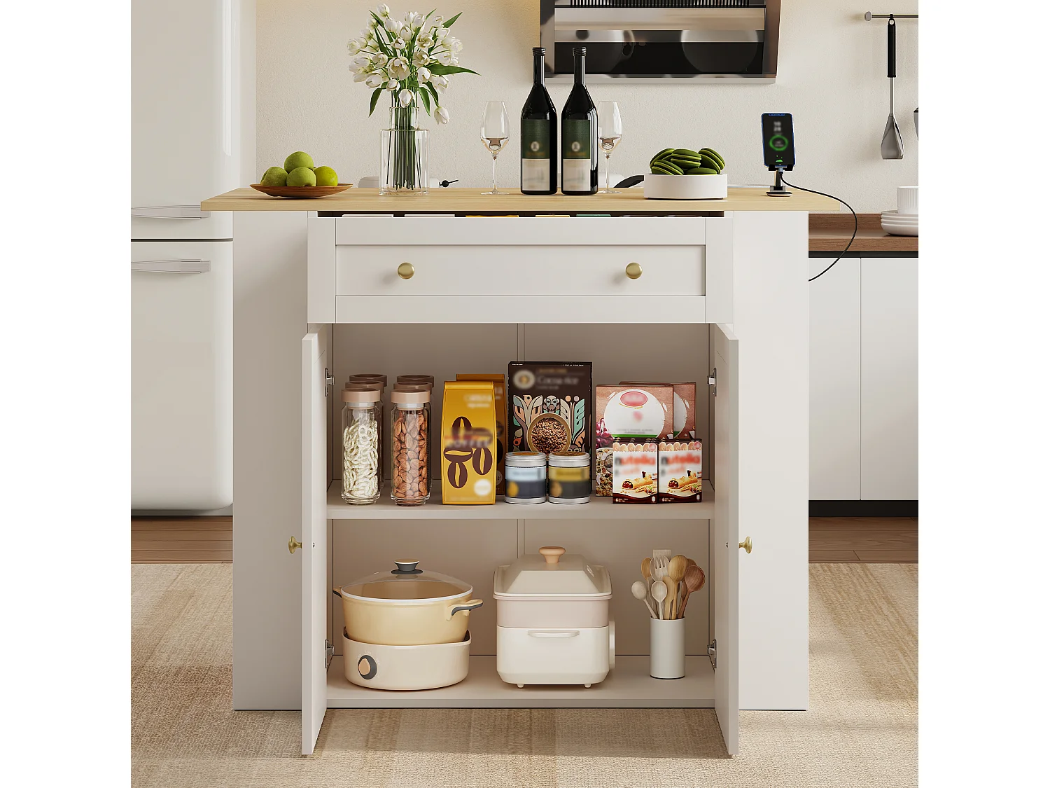 Ilha central de cozinha - mesa de jantar dobrável - com 2 portas e 1 gaveta - com tomada de corrente - Branco