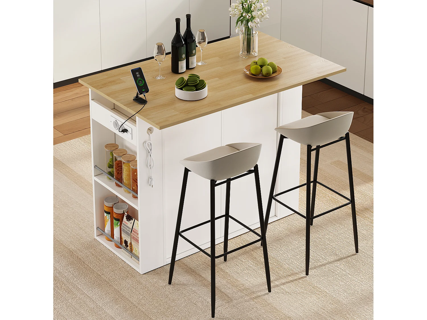 Ilha central de cozinha - mesa de jantar dobrável - com 2 portas e 1 gaveta - com tomada de corrente - Branco