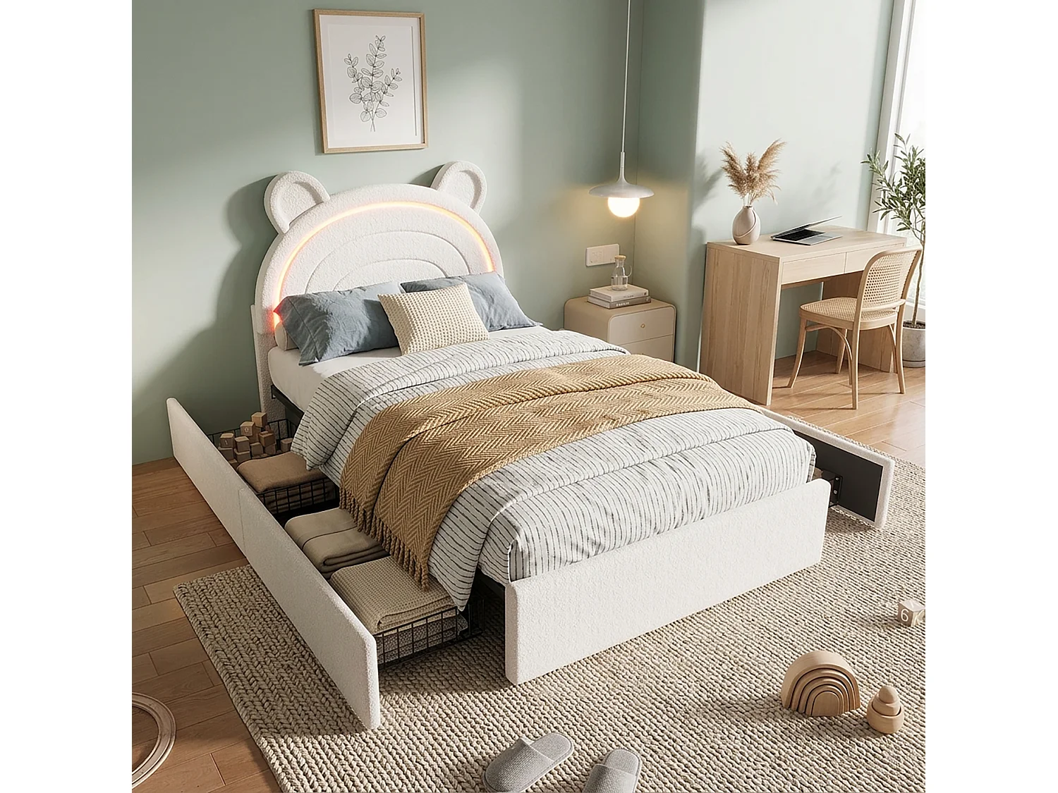 Gepolstertes Kinderbett 90x200cm – mit 4 Schubladen – mit LED-Beleuchtung – Kopfteil in Bärenform – Samtstoff – Beige (ohne Matratze)