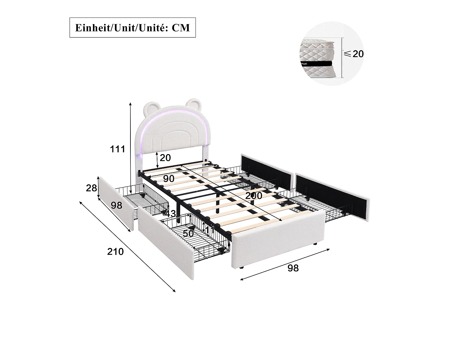 Gepolstertes Kinderbett 90x200cm – mit 4 Schubladen – mit LED-Beleuchtung – Kopfteil in Bärenform – Samtstoff – Beige (ohne Matratze)