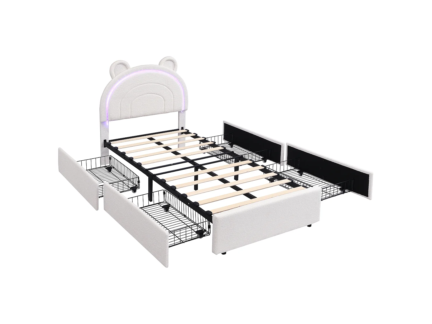 Gepolstertes Kinderbett 90x200cm – mit 4 Schubladen – mit LED-Beleuchtung – Kopfteil in Bärenform – Samtstoff – Beige (ohne Matratze)