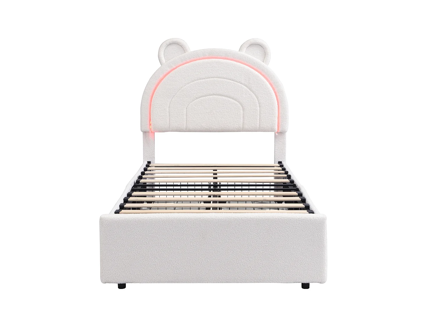 Gepolstertes Kinderbett 90x200cm – mit 4 Schubladen – mit LED-Beleuchtung – Kopfteil in Bärenform – Samtstoff – Beige (ohne Matratze)