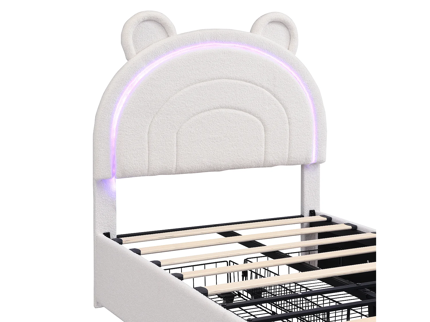 Gepolstertes Kinderbett 90x200cm – mit 4 Schubladen – mit LED-Beleuchtung – Kopfteil in Bärenform – Samtstoff – Beige (ohne Matratze)