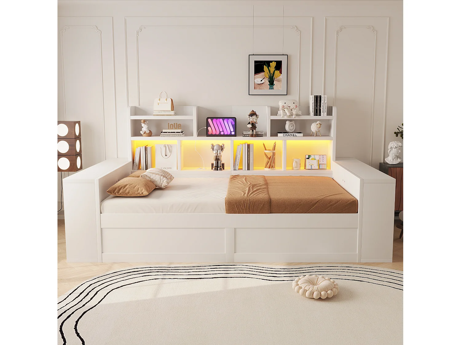 Schlafsofa mit Bettkasten 90 x 200 cm – mit Staufächern – mit Steckdose – mit LED-Beleuchtung – Weiß (Matratze nicht enthalten)