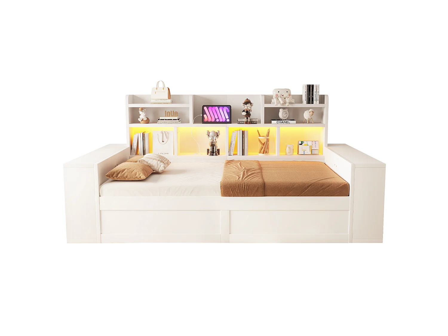 Schlafsofa mit Bettkasten 90 x 200 cm – mit Staufächern – mit Steckdose – mit LED-Beleuchtung – Weiß (Matratze nicht enthalten)