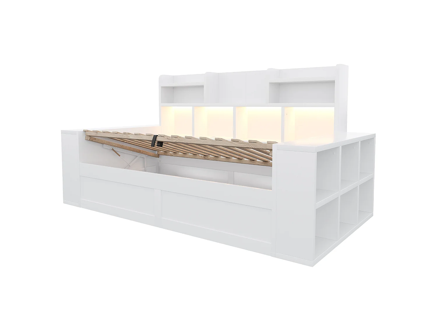 Schlafsofa mit Bettkasten 90 x 200 cm – mit Staufächern – mit Steckdose – mit LED-Beleuchtung – Weiß (Matratze nicht enthalten)