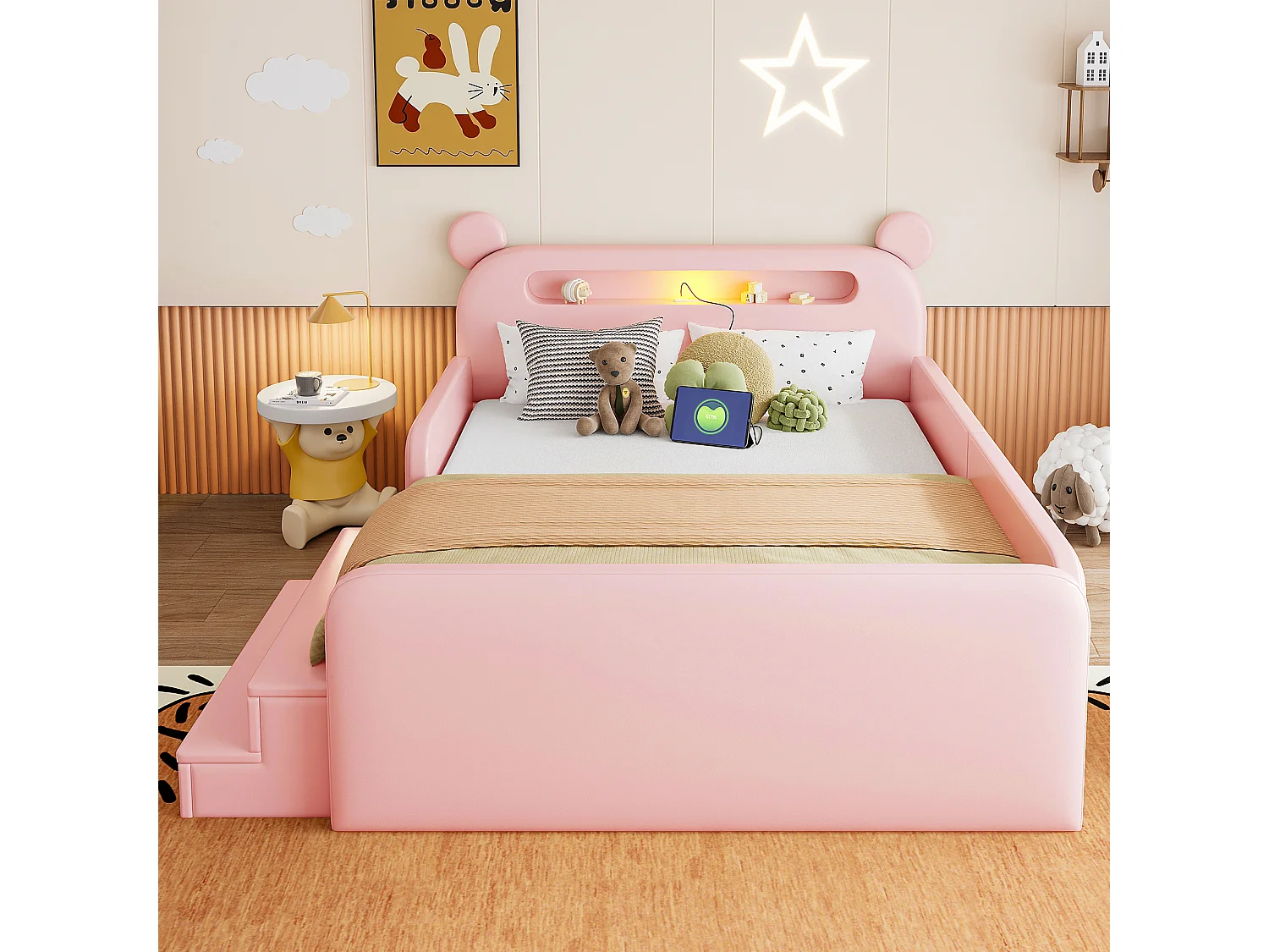 Lit enfant capitonné 140 x 200 cm - avec port de chargement USB - avec repose-pieds - rose (matelas non inclus)