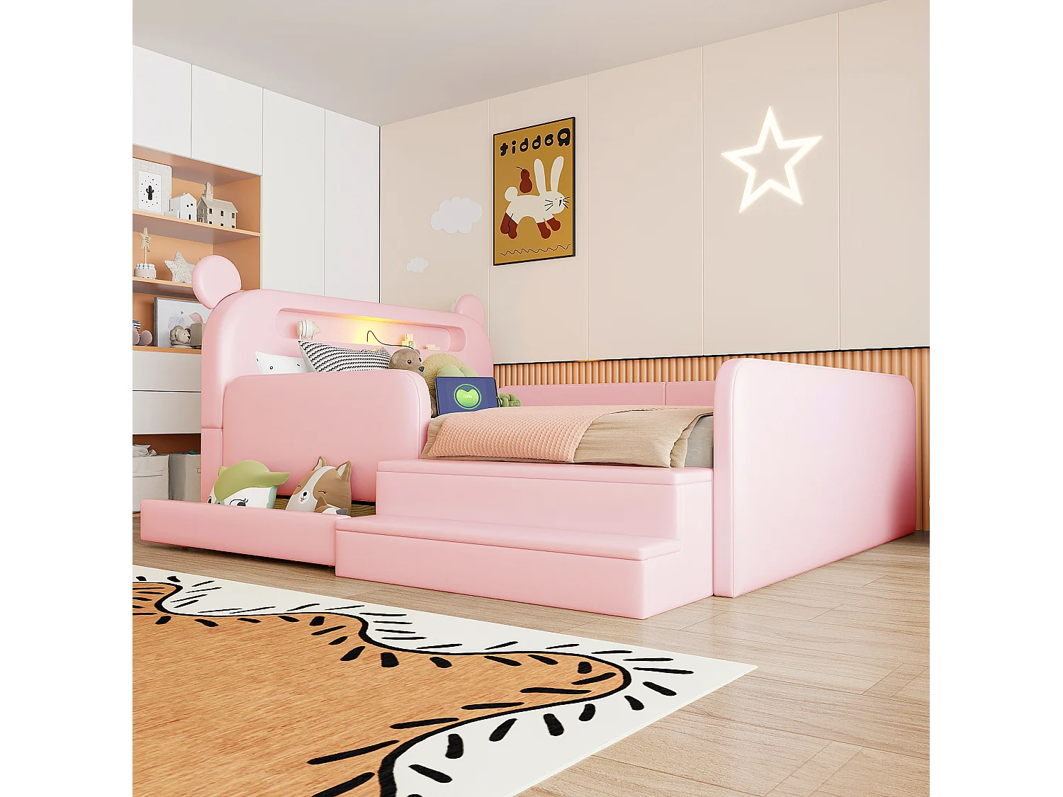 Lit enfant capitonné 140 x 200 cm - avec port de chargement USB - avec repose-pieds - rose (matelas non inclus)