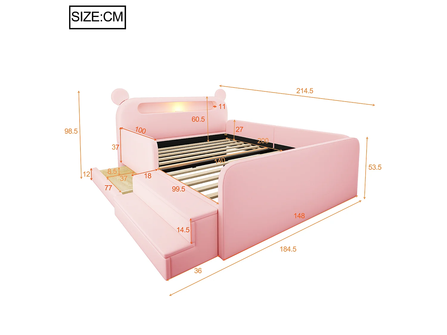 Lit enfant capitonné 140 x 200 cm - avec port de chargement USB - avec repose-pieds - rose (matelas non inclus)
