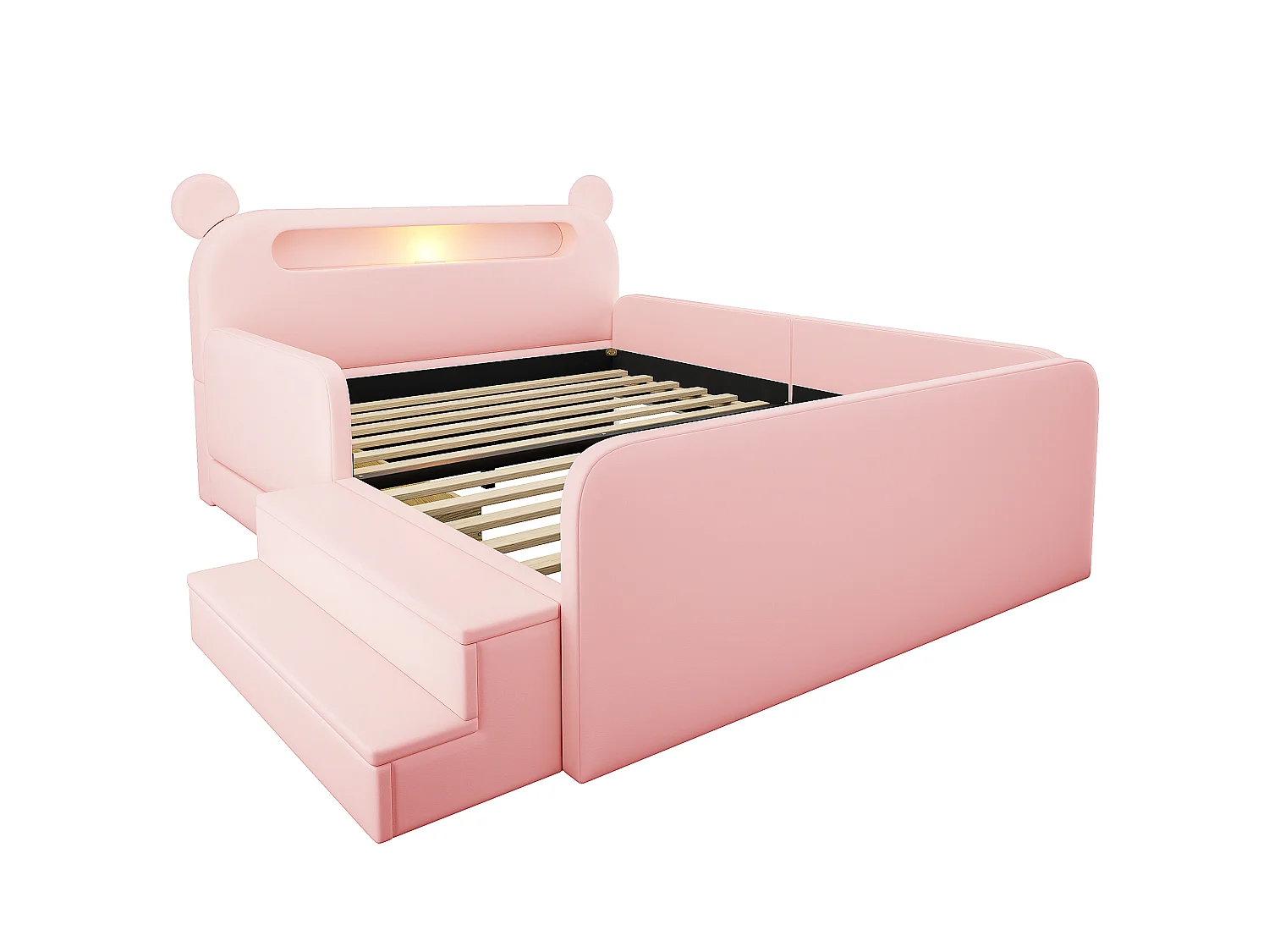Lit enfant capitonné 140 x 200 cm - avec port de chargement USB - avec repose-pieds - rose (matelas non inclus)
