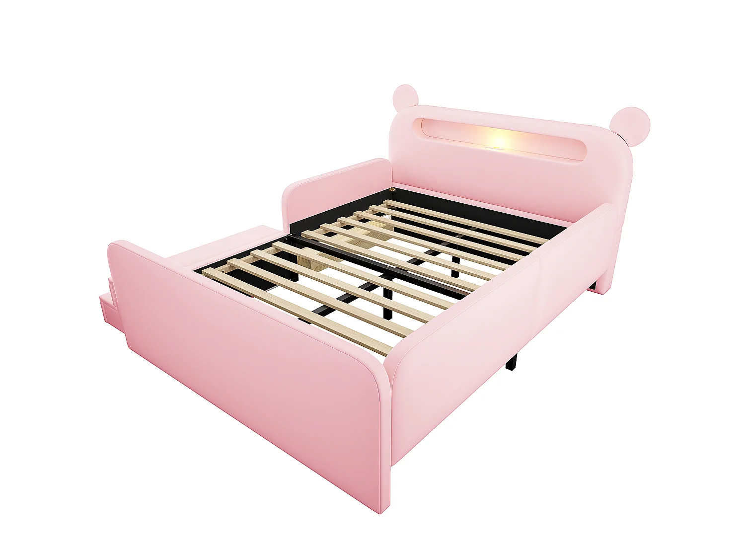 Lit enfant capitonné 140 x 200 cm - avec port de chargement USB - avec repose-pieds - rose (matelas non inclus)