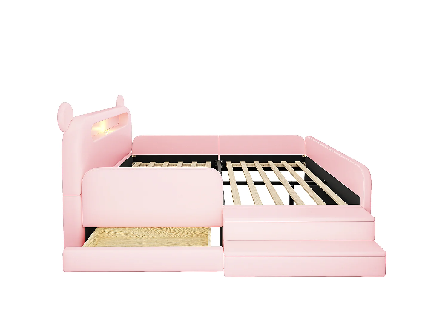 Lit enfant capitonné 140 x 200 cm - avec port de chargement USB - avec repose-pieds - rose (matelas non inclus)