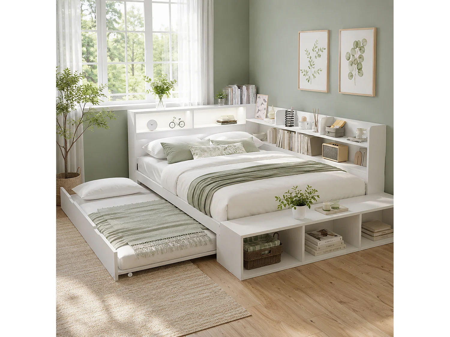 Canapé-lit en bois 120 x 200 cm - avec lit gigogne 90 x 190 cm - avec éclairage LED et port de charge - Blanc (sans matelas)