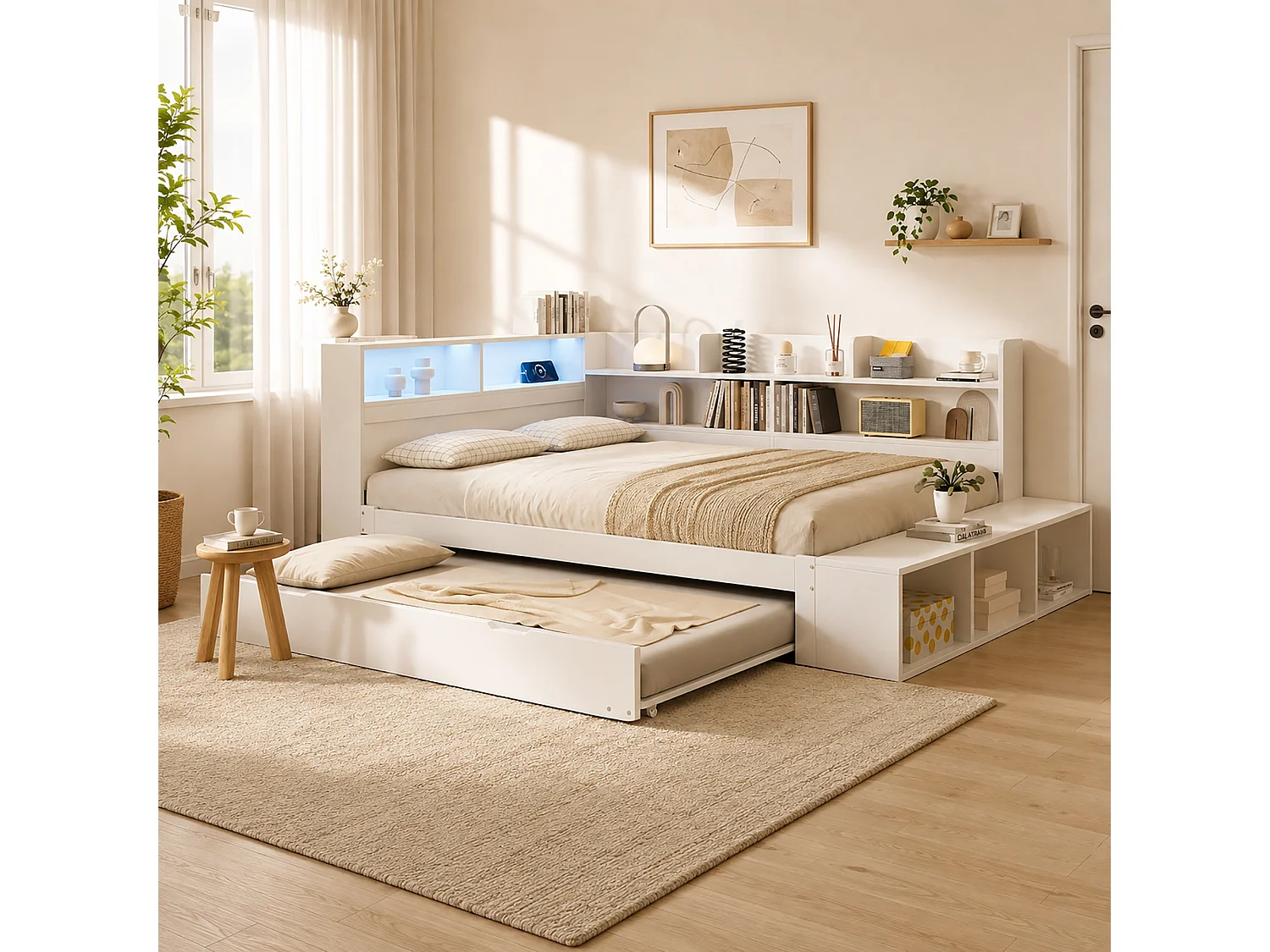 Canapé-lit en bois 120 x 200 cm - avec lit gigogne 90 x 190 cm - avec éclairage LED et port de charge - Blanc (sans matelas)