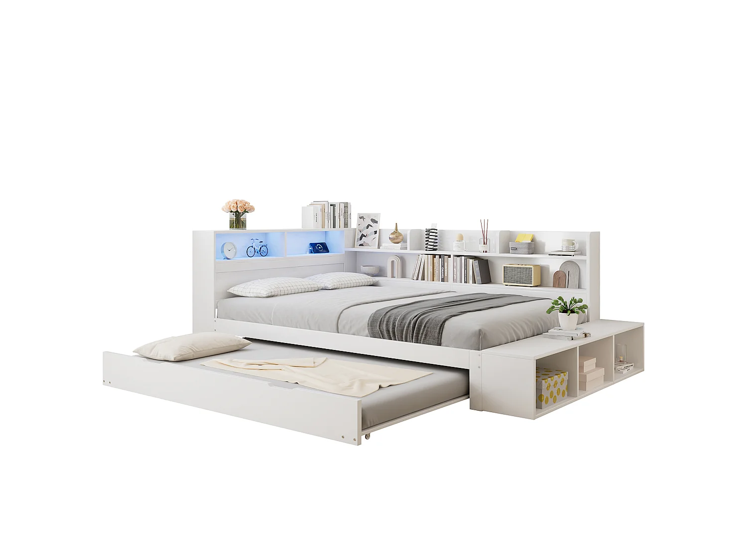Canapé-lit en bois 120 x 200 cm - avec lit gigogne 90 x 190 cm - avec éclairage LED et port de charge - Blanc (sans matelas)