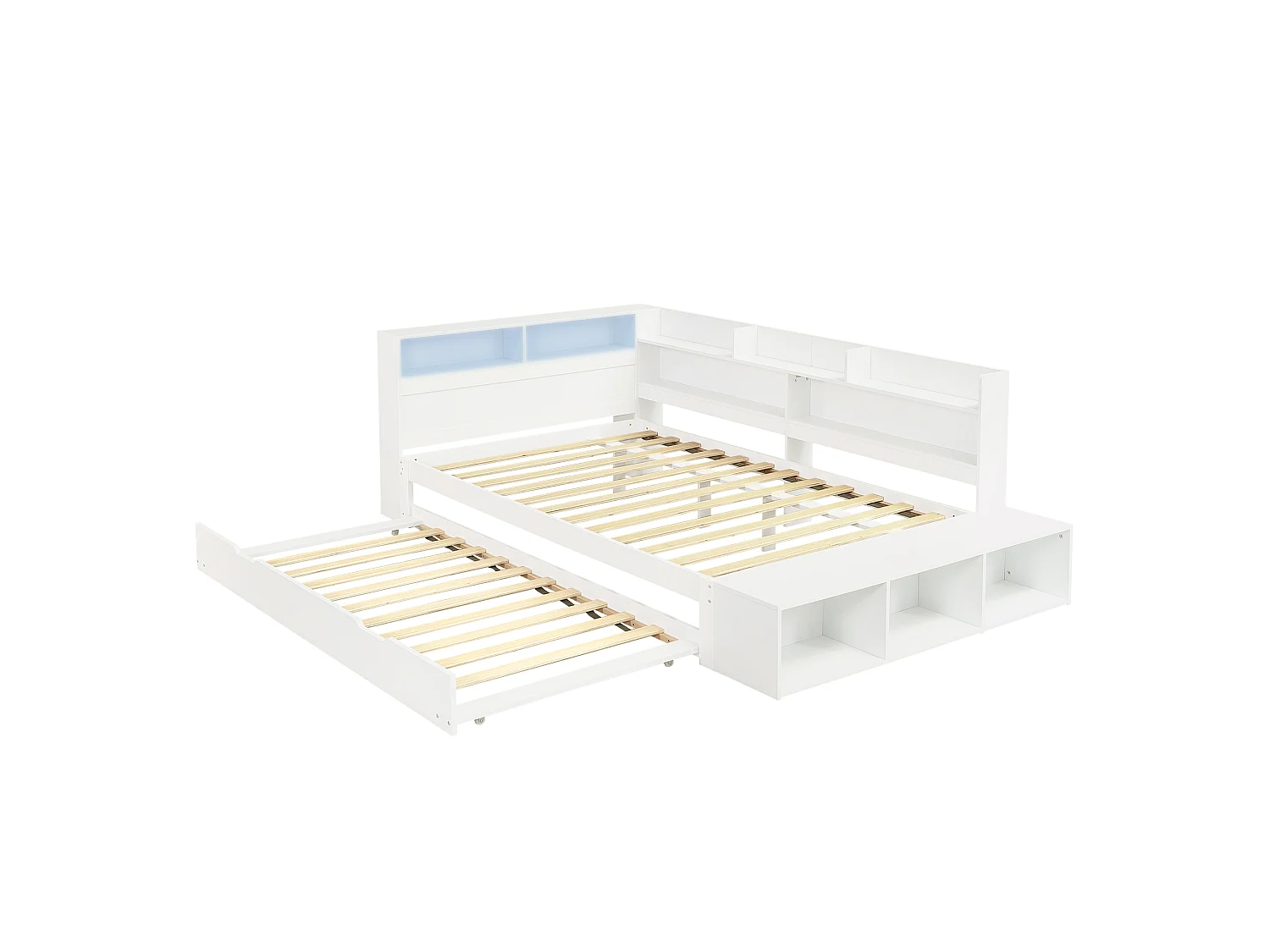 Canapé-lit en bois 120 x 200 cm - avec lit gigogne 90 x 190 cm - avec éclairage LED et port de charge - Blanc (sans matelas)