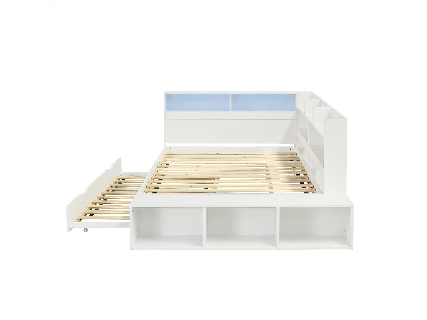 Canapé-lit en bois 120 x 200 cm - avec lit gigogne 90 x 190 cm - avec éclairage LED et port de charge - Blanc (sans matelas)