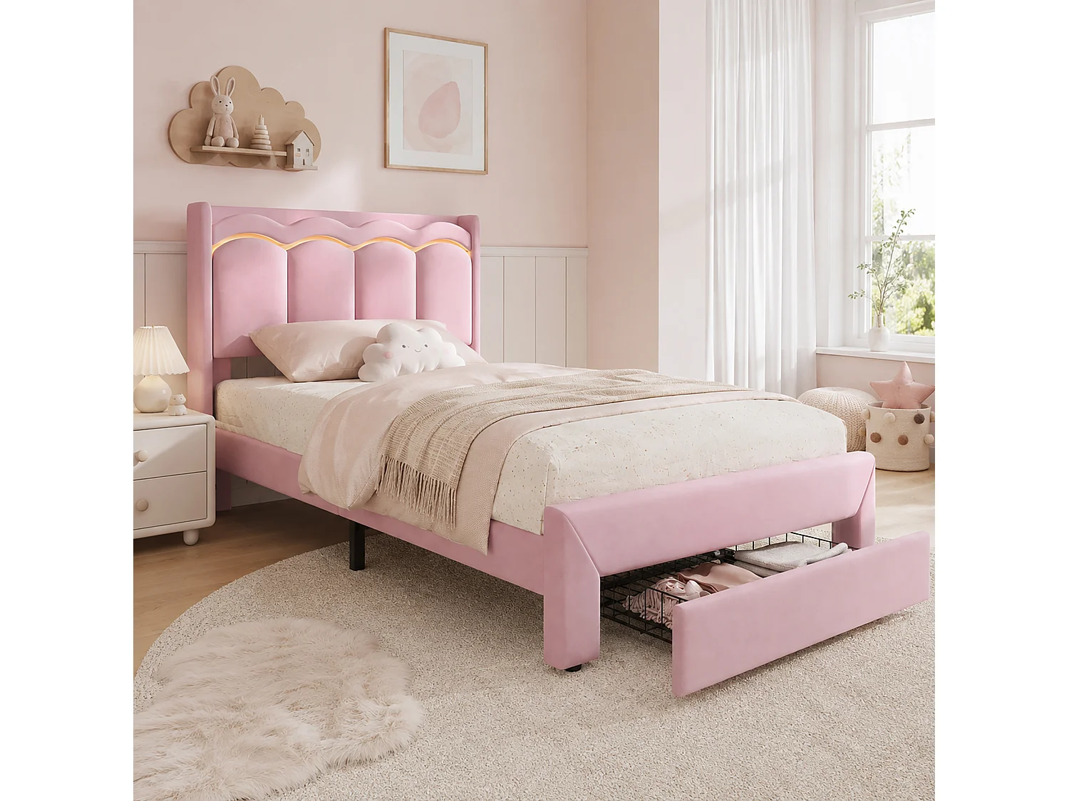 Lit rembourré pour enfants 90x200cm - avec 1 tiroir - avec éclairage LED - tissu velours - Rose (sans matelas)