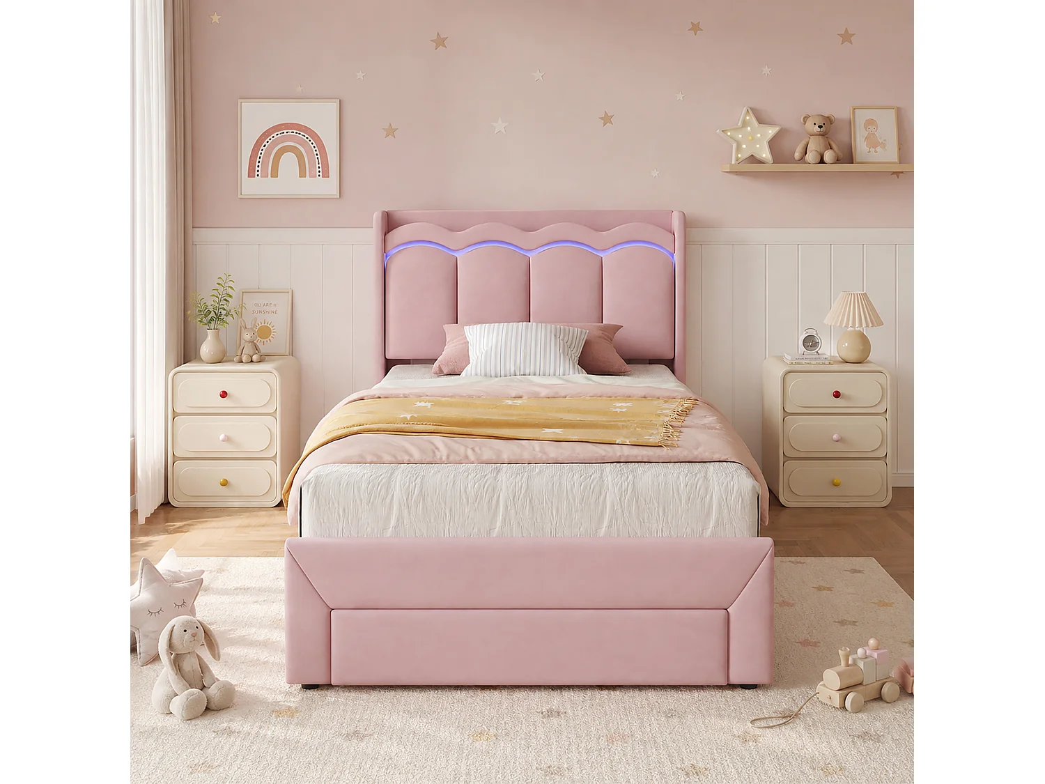 Lit rembourré pour enfants 90x200cm - avec 1 tiroir - avec éclairage LED - tissu velours - Rose (sans matelas)