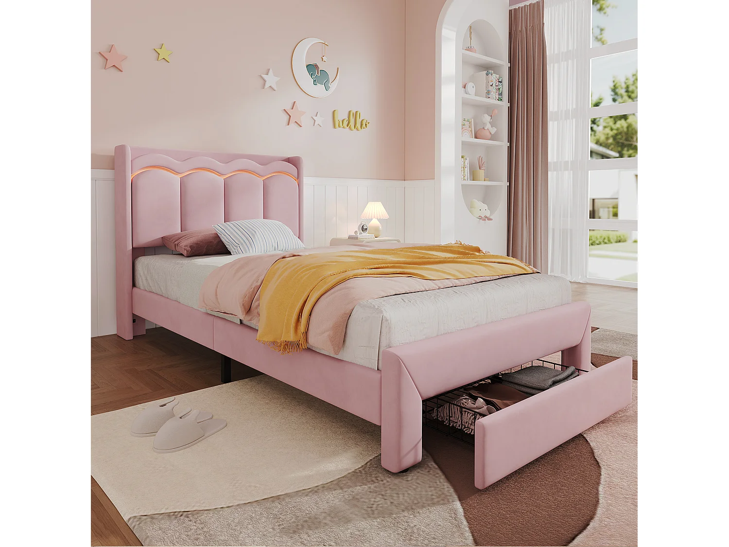 Lit rembourré pour enfants 90x200cm - avec 1 tiroir - avec éclairage LED - tissu velours - Rose (sans matelas)