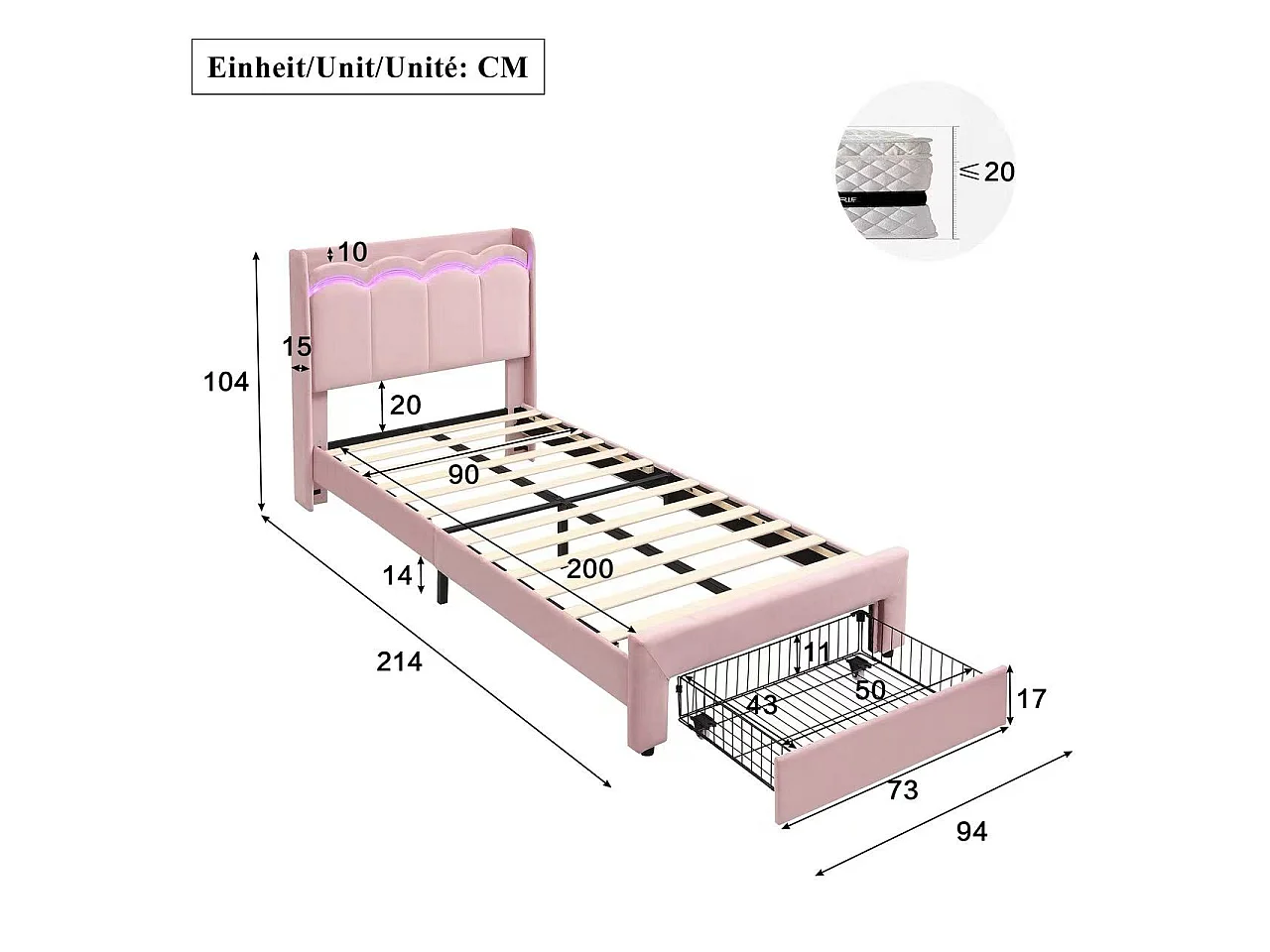 Lit rembourré pour enfants 90x200cm - avec 1 tiroir - avec éclairage LED - tissu velours - Rose (sans matelas)