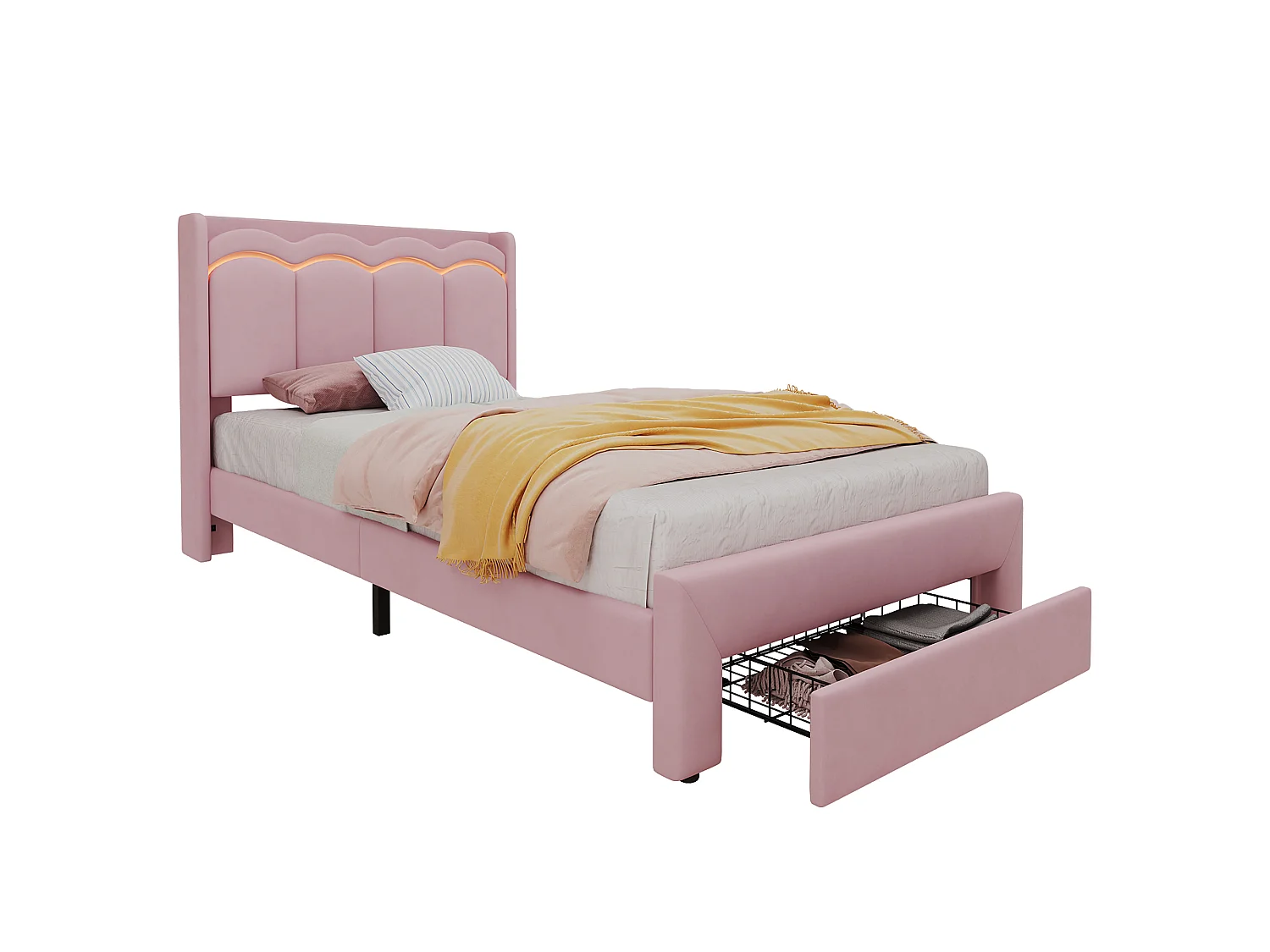 Lit rembourré pour enfants 90x200cm - avec 1 tiroir - avec éclairage LED - tissu velours - Rose (sans matelas)